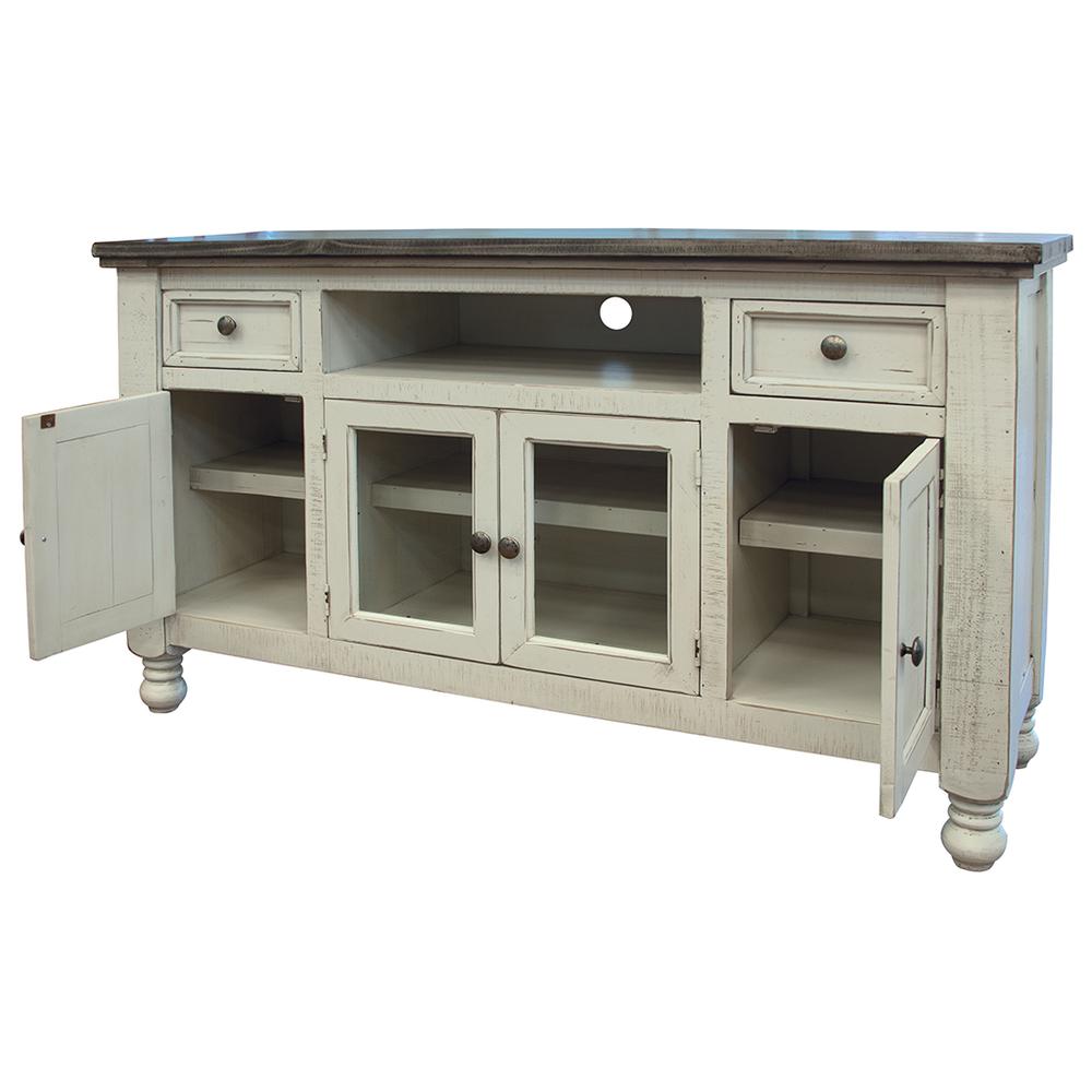 79" Ivory Solid Wood Open shelving Distressed TV Stand. Picture 1