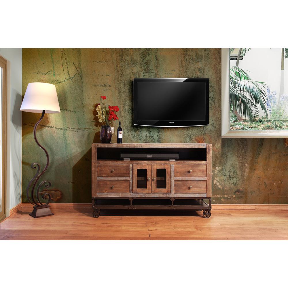 62" Brown Solid Wood Cabinet Enclosed Storage Distressed TV Stand. Picture 4