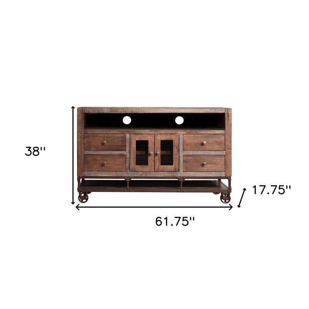 62" Brown Solid Wood Cabinet Enclosed Storage Distressed TV Stand. Picture 6