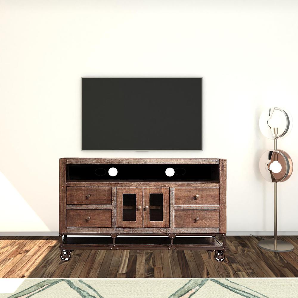 62" Brown Solid Wood Cabinet Enclosed Storage Distressed TV Stand. Picture 2