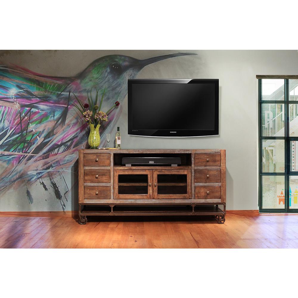 76" Brown Solid Wood Cabinet Enclosed Storage Distressed TV Stand. Picture 3