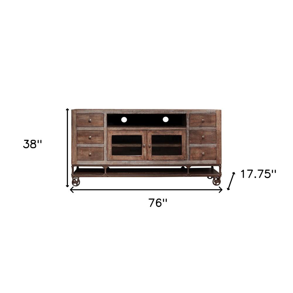 76" Brown Solid Wood Cabinet Enclosed Storage Distressed TV Stand. Picture 5