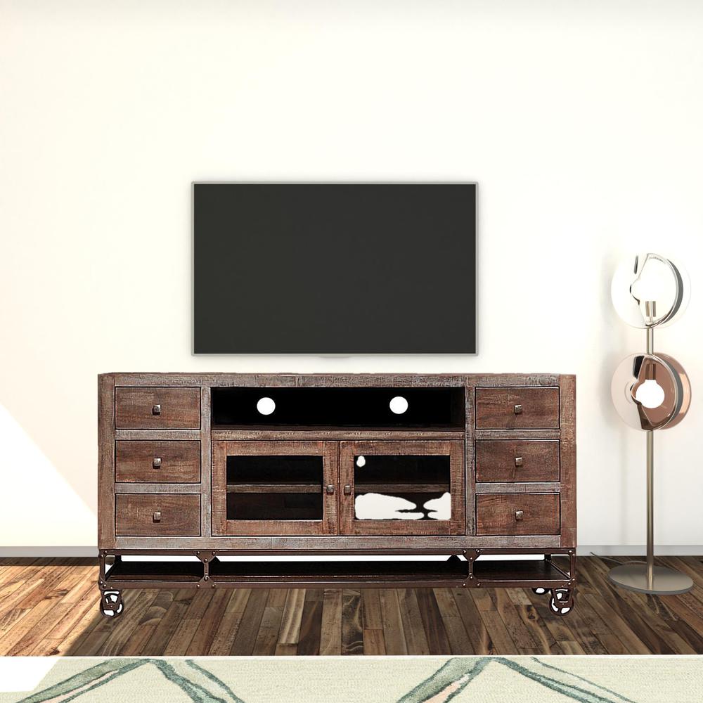 76" Brown Solid Wood Cabinet Enclosed Storage Distressed TV Stand. Picture 2