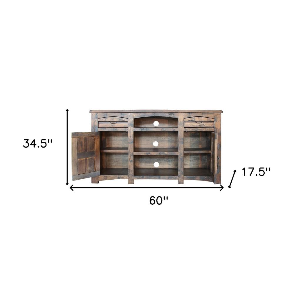 60" Brown Solid Wood Cabinet Enclosed Storage Distressed TV Stand. Picture 6
