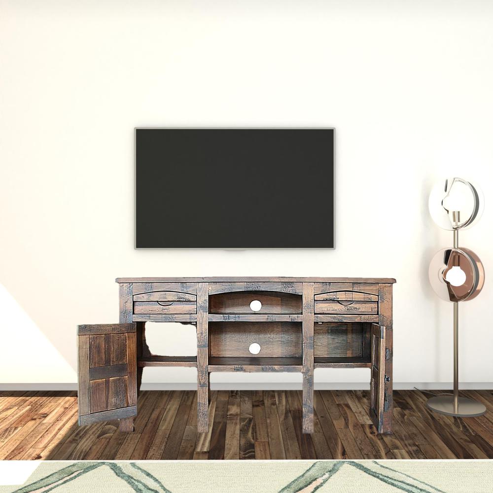 60" Brown Solid Wood Cabinet Enclosed Storage Distressed TV Stand. Picture 2