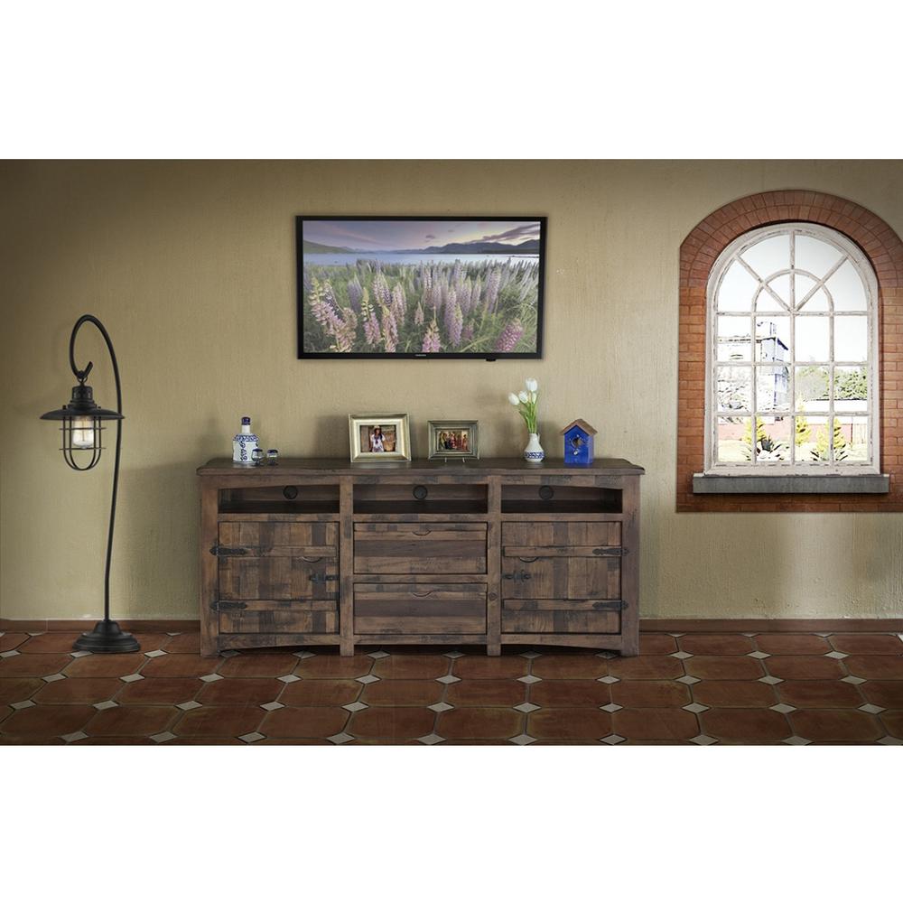 80" Brown Solid Wood Cabinet Enclosed Storage Distressed TV Stand. Picture 4