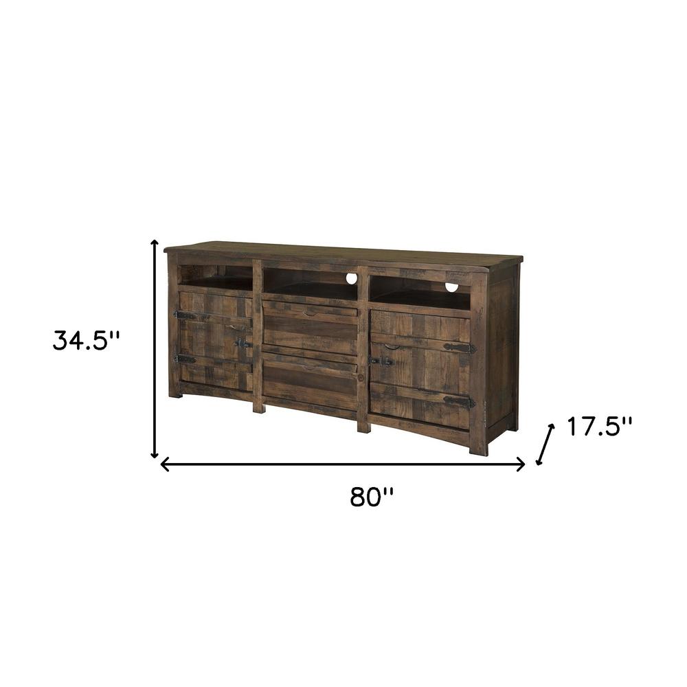 80" Brown Solid Wood Cabinet Enclosed Storage Distressed TV Stand. Picture 5