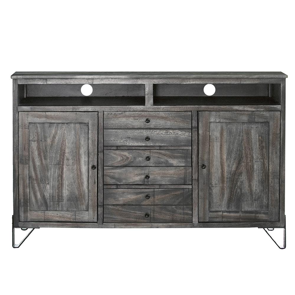 60" Gray Solid Wood Cabinet Enclosed Storage Distressed TV Stand. Picture 1