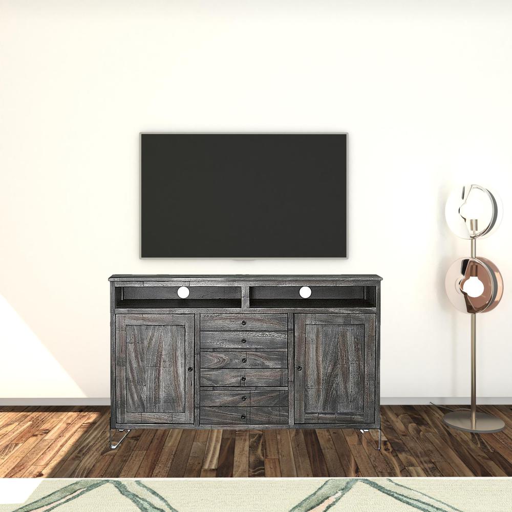 60" Gray Solid Wood Cabinet Enclosed Storage Distressed TV Stand. Picture 2