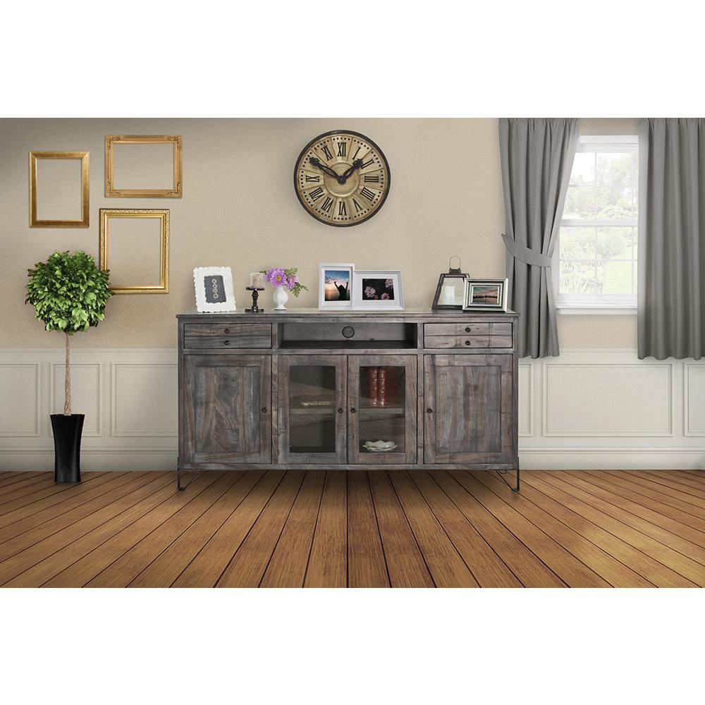 70" Gray Solid Wood Cabinet Enclosed Storage Distressed TV Stand. Picture 5