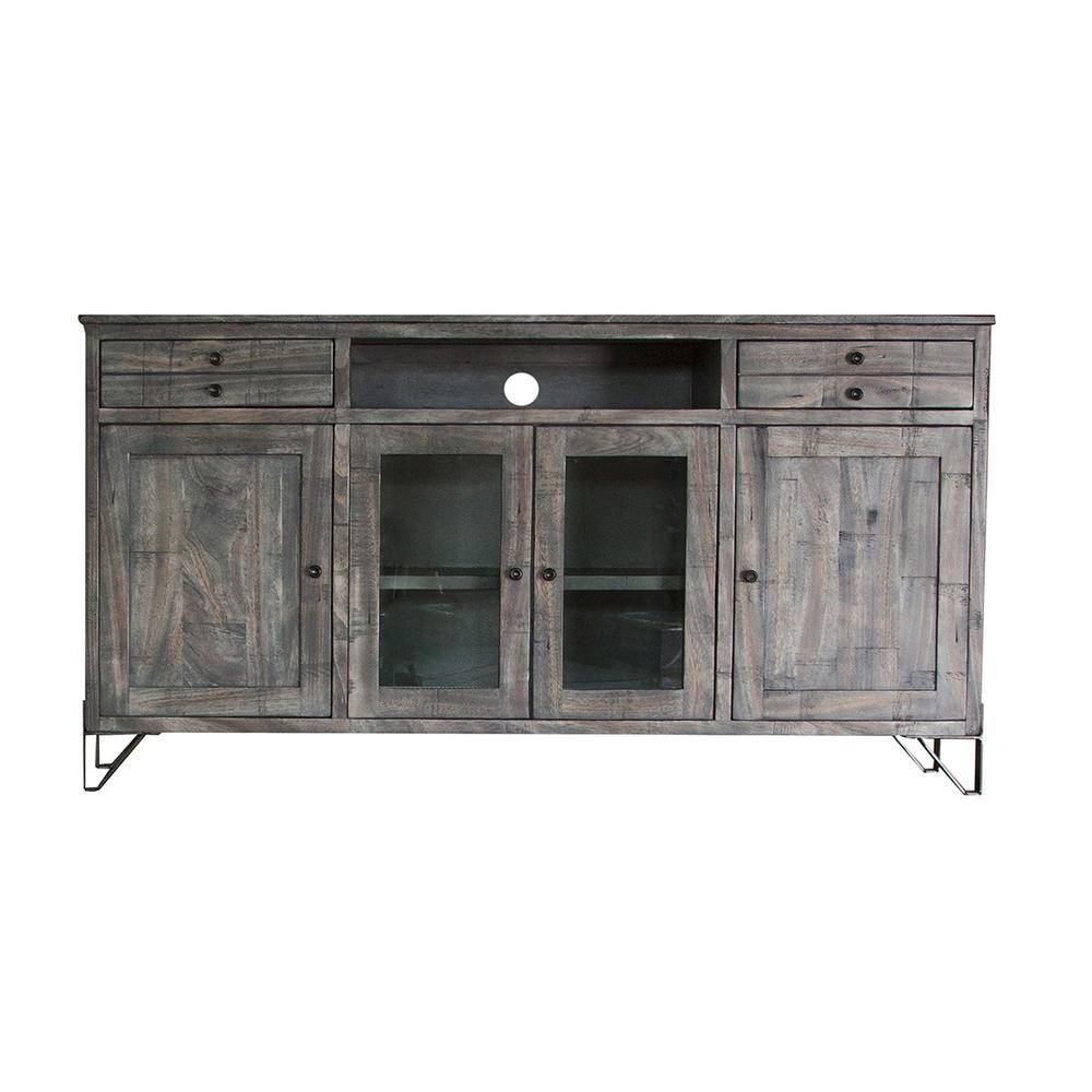 70" Gray Solid Wood Cabinet Enclosed Storage Distressed TV Stand. Picture 1
