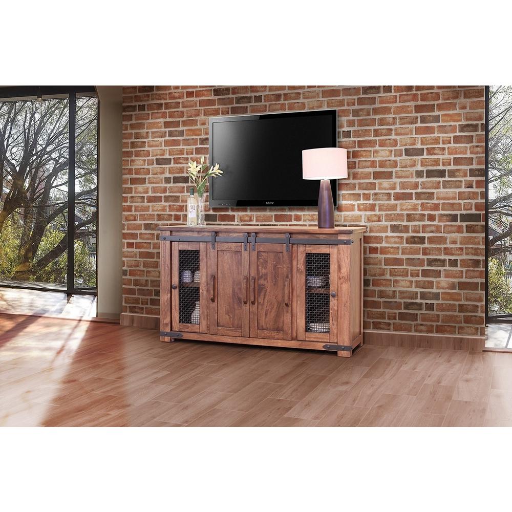 60" Brown Solid Wood Cabinet Enclosed Storage Distressed TV Stand. Picture 5