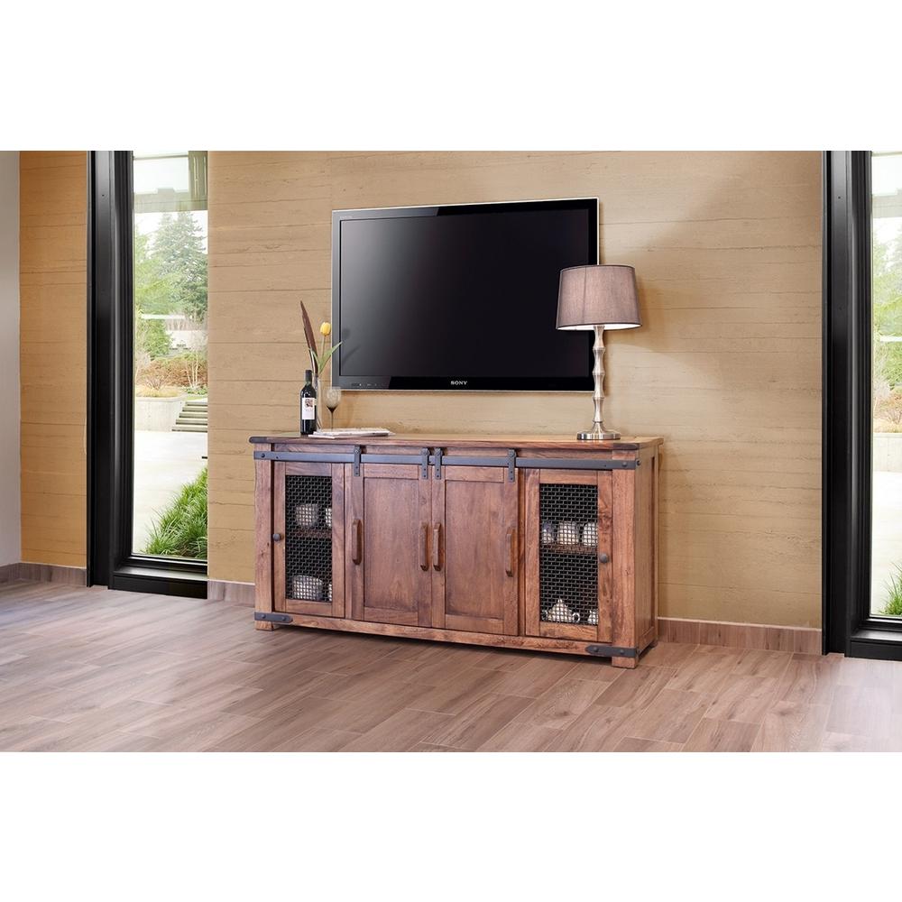 70" Brown Solid Wood Cabinet Enclosed Storage Distressed TV Stand. Picture 5