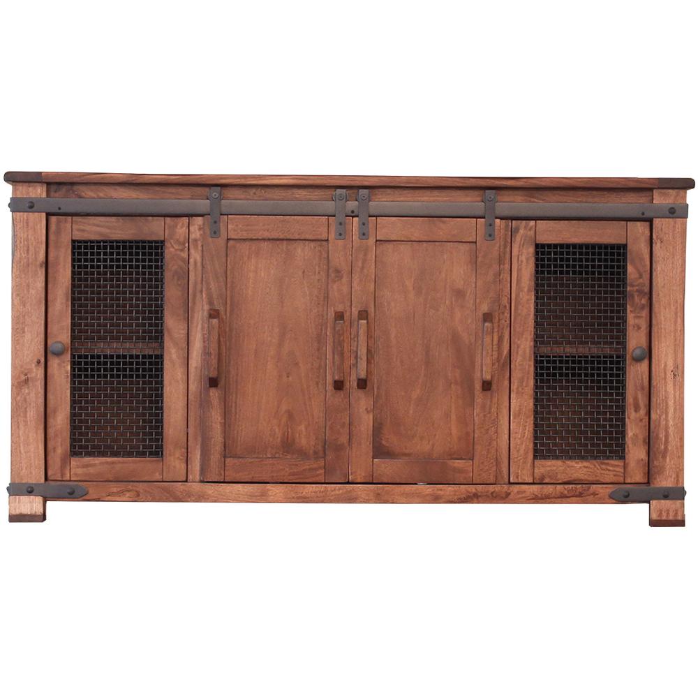70" Brown Solid Wood Cabinet Enclosed Storage Distressed TV Stand. Picture 1