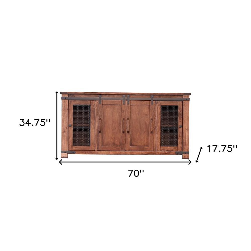 70" Brown Solid Wood Cabinet Enclosed Storage Distressed TV Stand. Picture 7