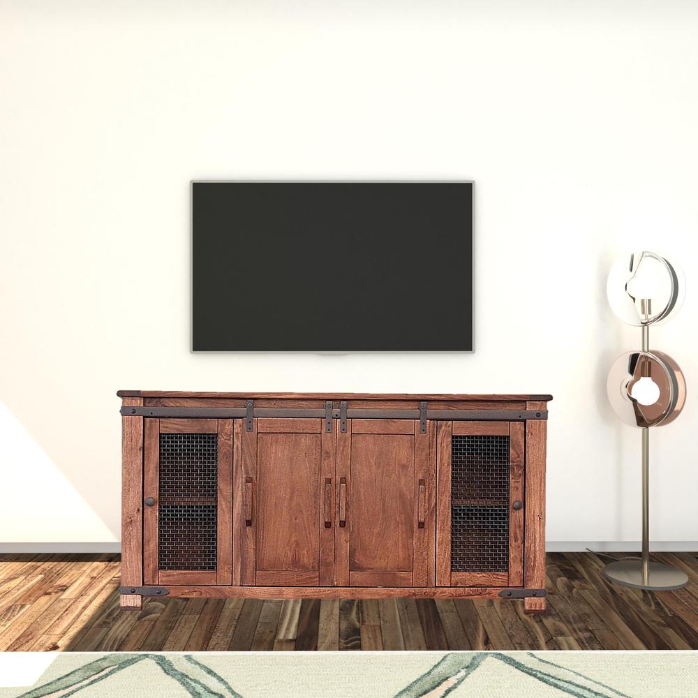 70" Brown Solid Wood Cabinet Enclosed Storage Distressed TV Stand. Picture 2
