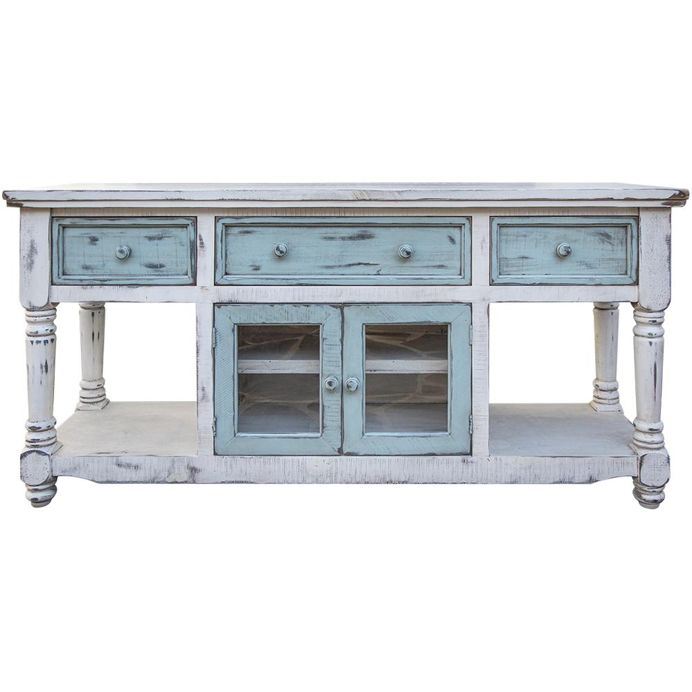 70" Blue and White Solid Wood Open shelving Distressed TV Stand. Picture 1