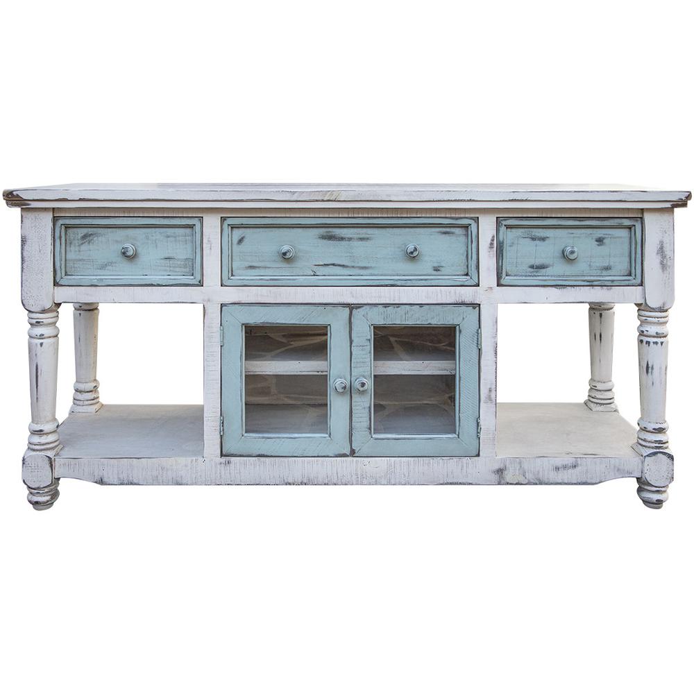 70" Blue and White Solid Wood Open shelving Distressed TV Stand. Picture 3