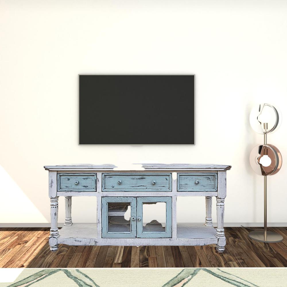 70" Blue and White Solid Wood Open shelving Distressed TV Stand. Picture 2