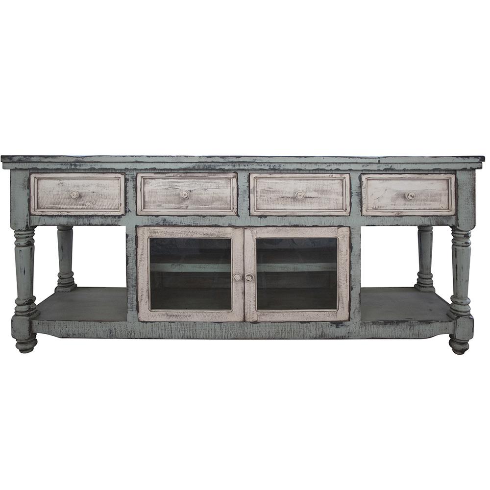 70" Blue and White Solid Wood Open shelving Distressed TV Stand. Picture 1