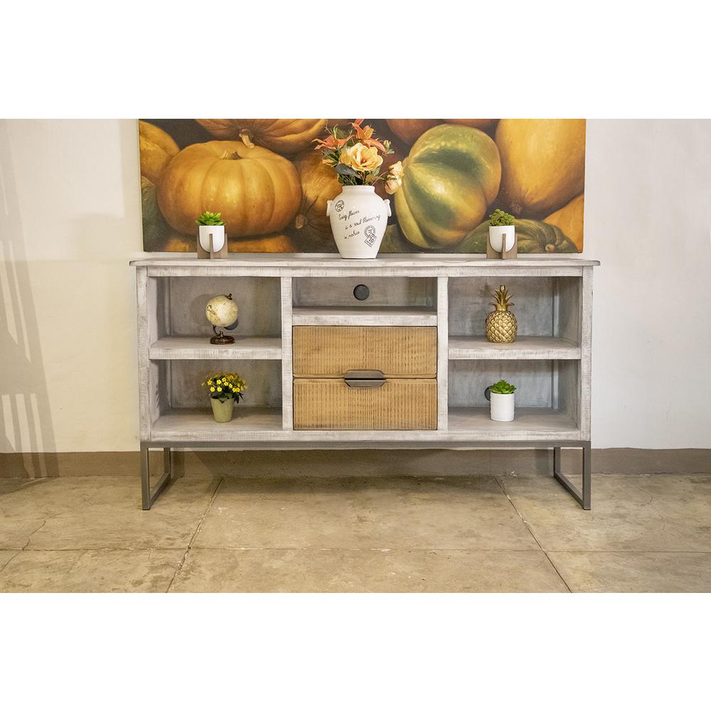 70" Light Gray Solid Wood Open shelving Distressed TV Stand. Picture 4
