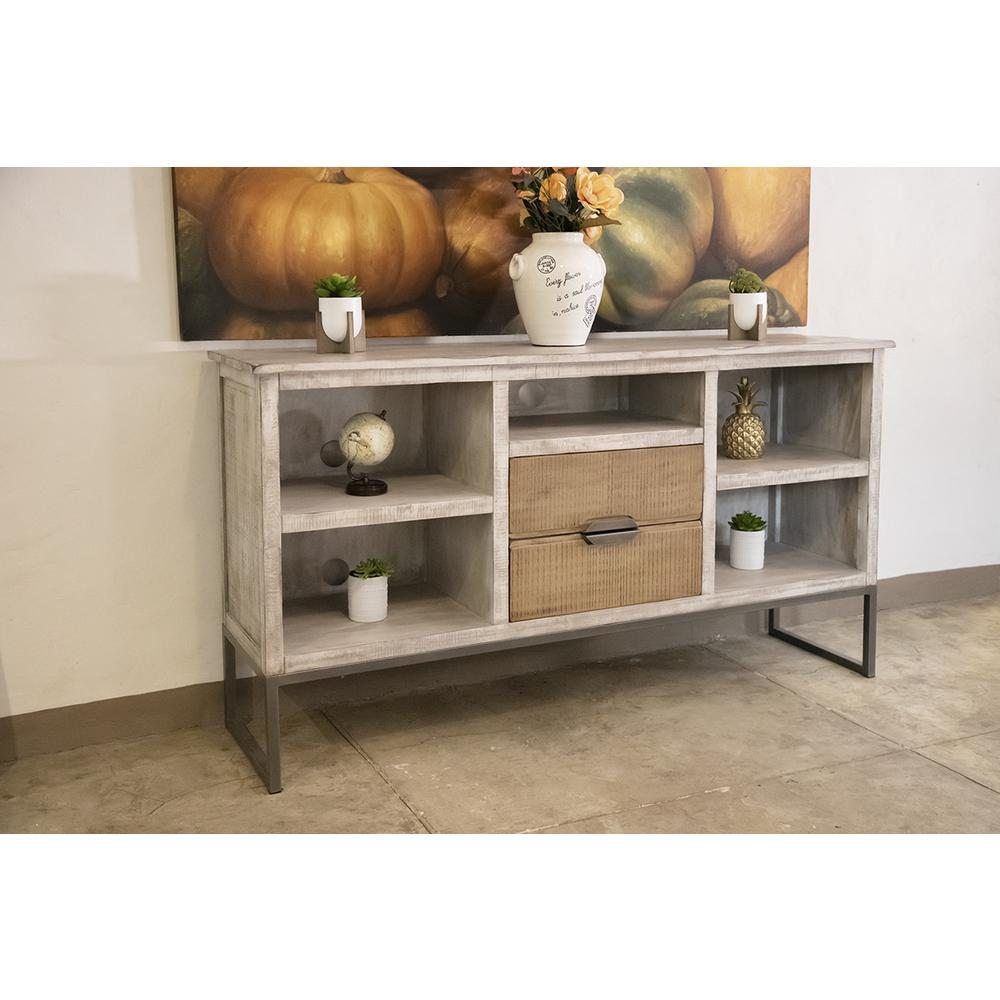 70" Light Gray Solid Wood Open shelving Distressed TV Stand. Picture 5