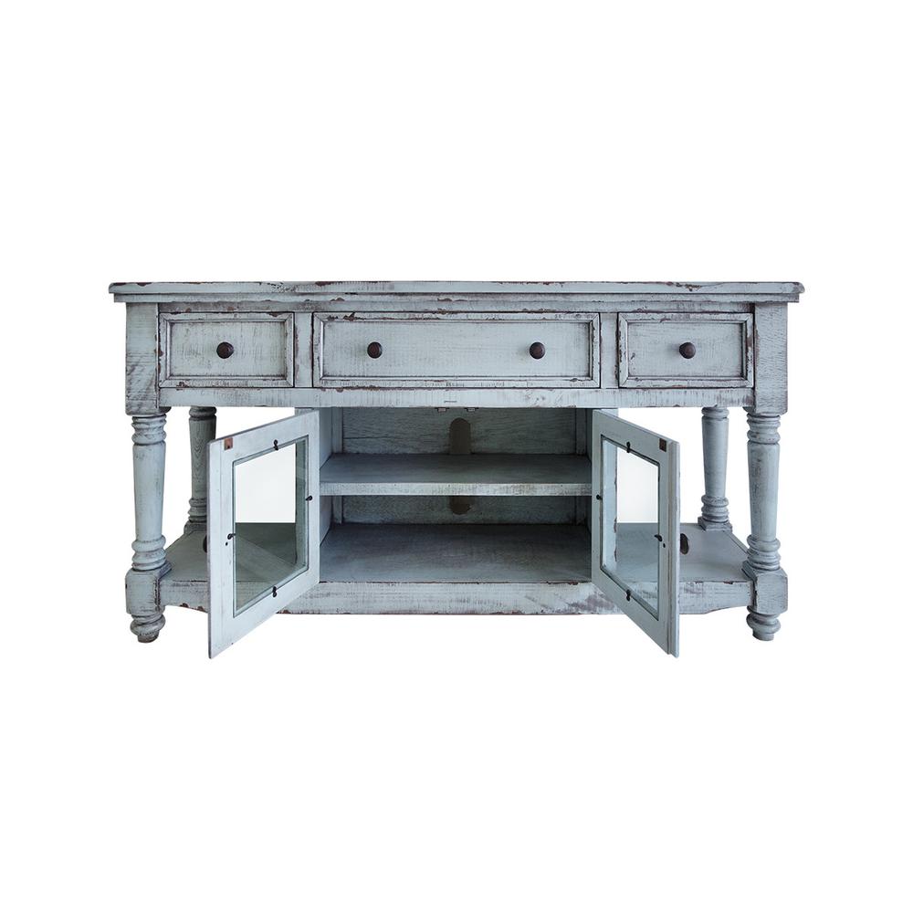 70" Blue Solid Wood Open shelving Distressed TV Stand. Picture 2