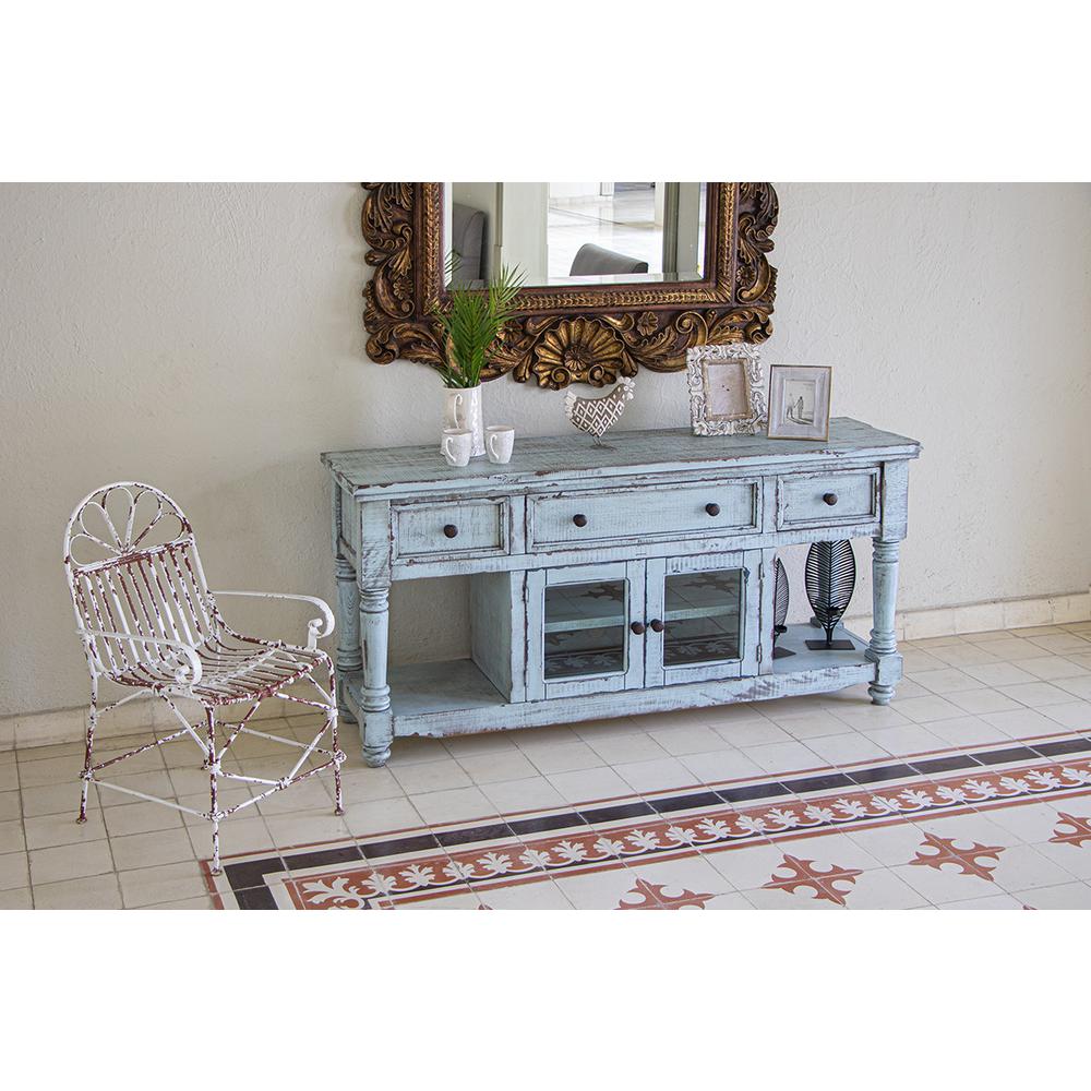 70" Blue Solid Wood Open shelving Distressed TV Stand. Picture 6