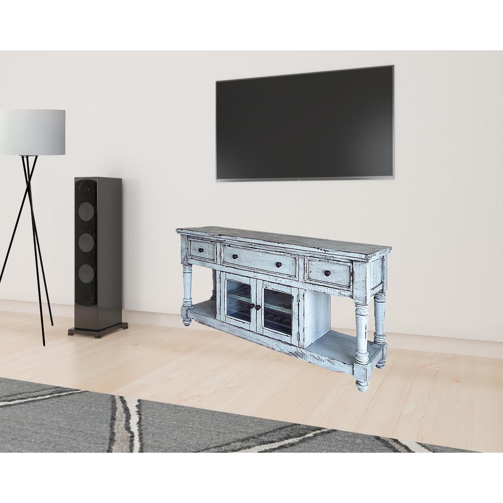 70" Blue Solid Wood Open shelving Distressed TV Stand. Picture 3
