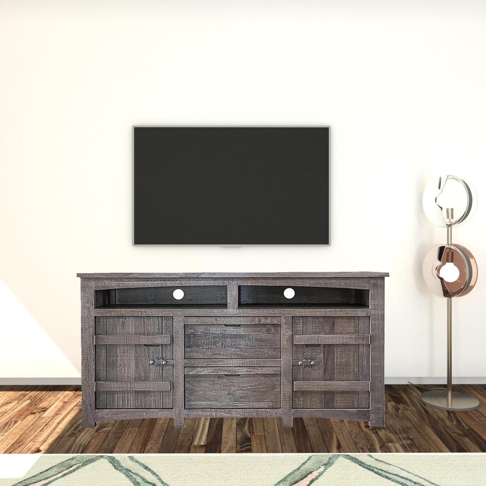 70" Gray Solid Wood Cabinet Enclosed Storage Distressed TV Stand. Picture 2
