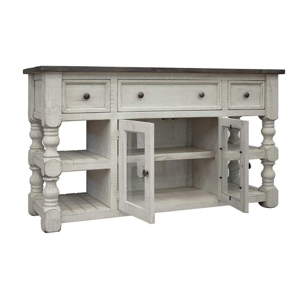 60" Ivory Solid Wood Open shelving Distressed TV Stand. Picture 1