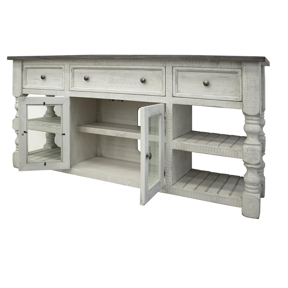 70" Ivory Solid Wood Open shelving Distressed TV Stand. Picture 1
