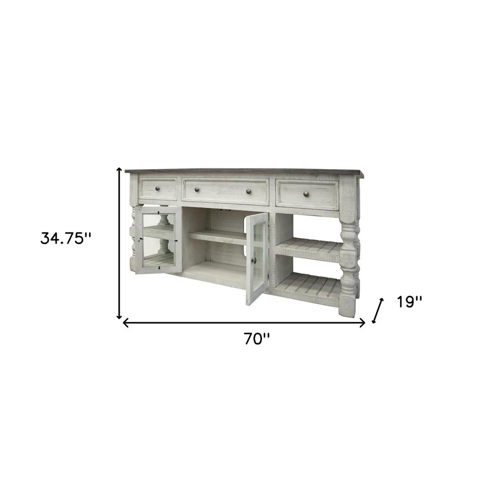 70" Ivory Solid Wood Open shelving Distressed TV Stand. Picture 6