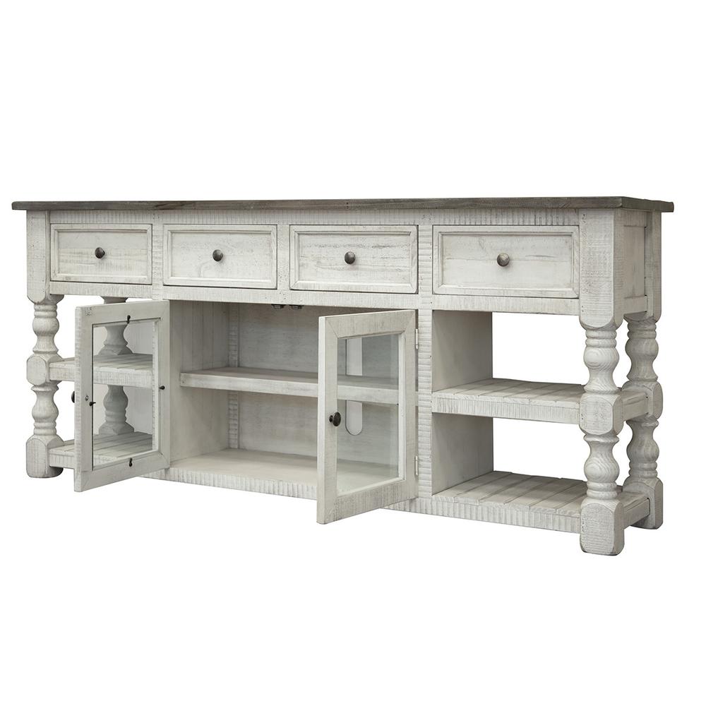 81" Ivory Solid Wood Open shelving Distressed TV Stand. Picture 1