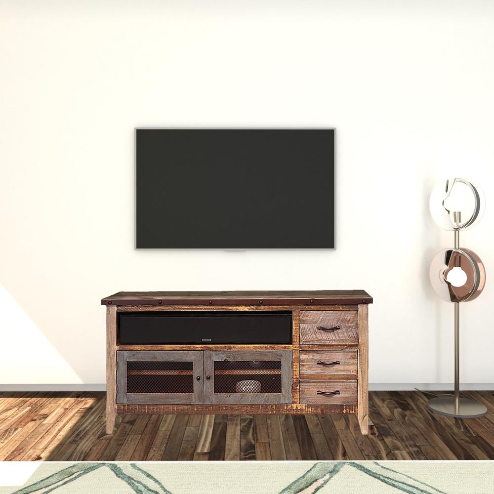 61" Brown Solid Wood Cabinet Enclosed Storage Distressed TV Stand. Picture 2