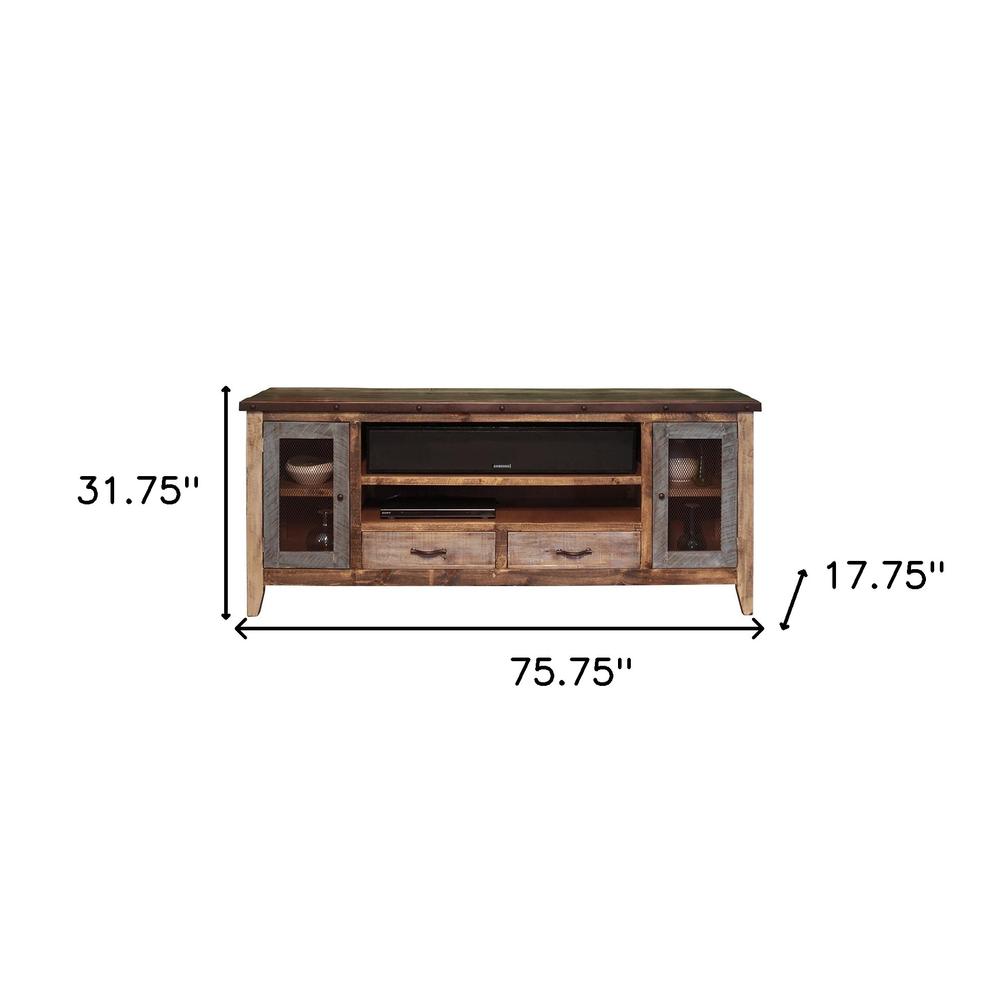 76" Brown Solid Wood Cabinet Enclosed Storage Distressed TV Stand. Picture 7