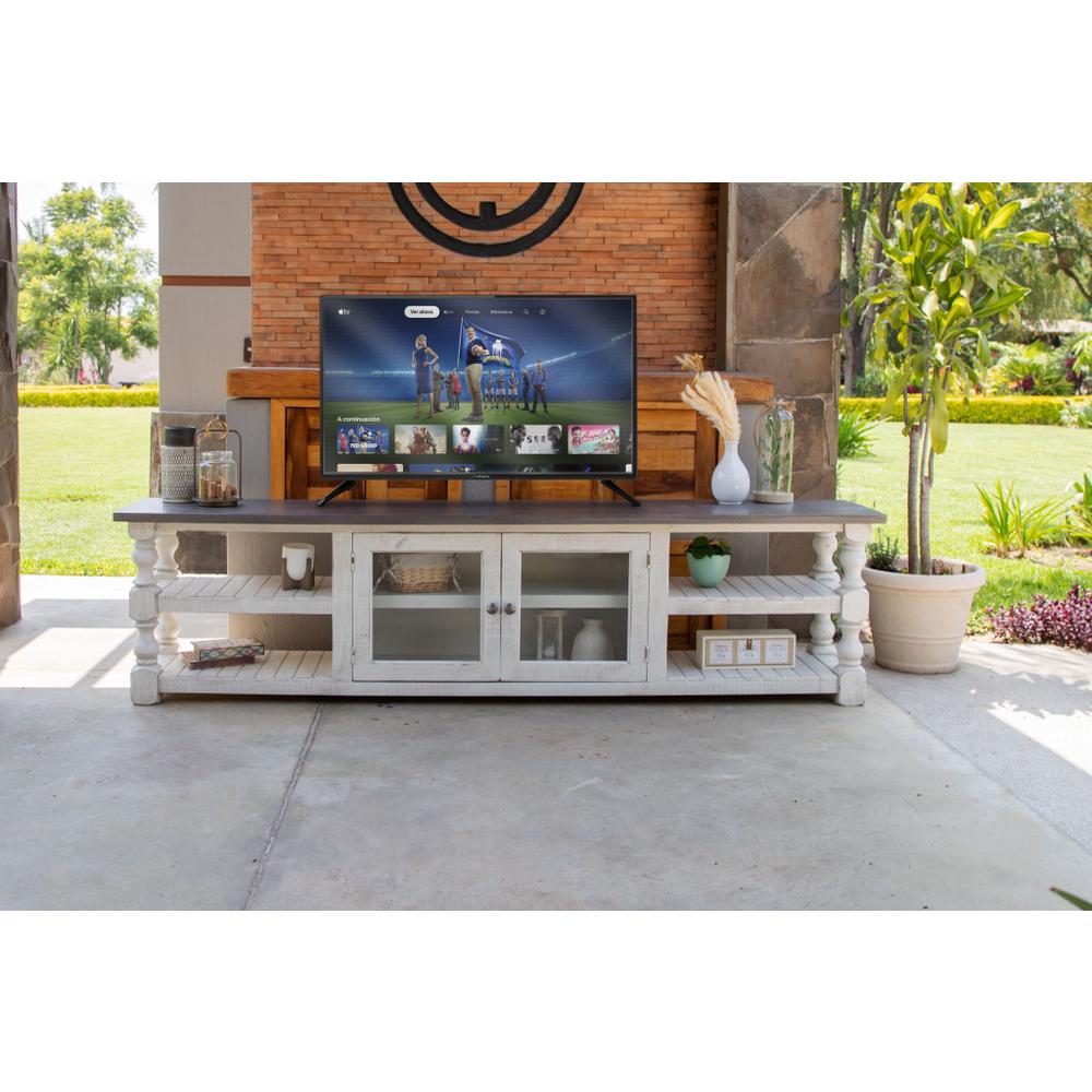 93" Gray and Ivory Solid Wood Cabinet Enclosed Storage Distressed TV Stand. Picture 4