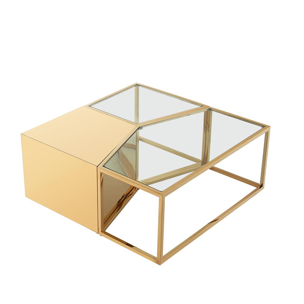 Clear, Gold Glass, Stainless Steel Mirrored Bunching Coffee Tables. Picture 1