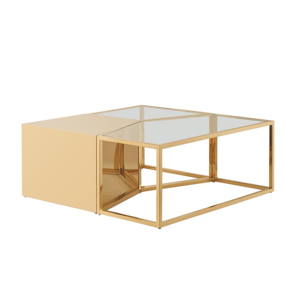 Clear, Gold Glass, Stainless Steel Mirrored Bunching Coffee Tables. Picture 4