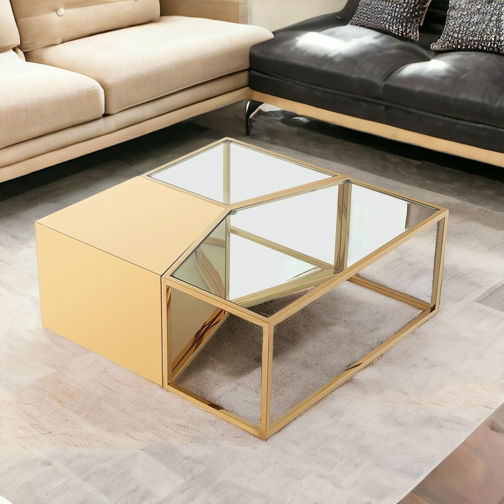 Clear, Gold Glass, Stainless Steel Mirrored Bunching Coffee Tables. Picture 2