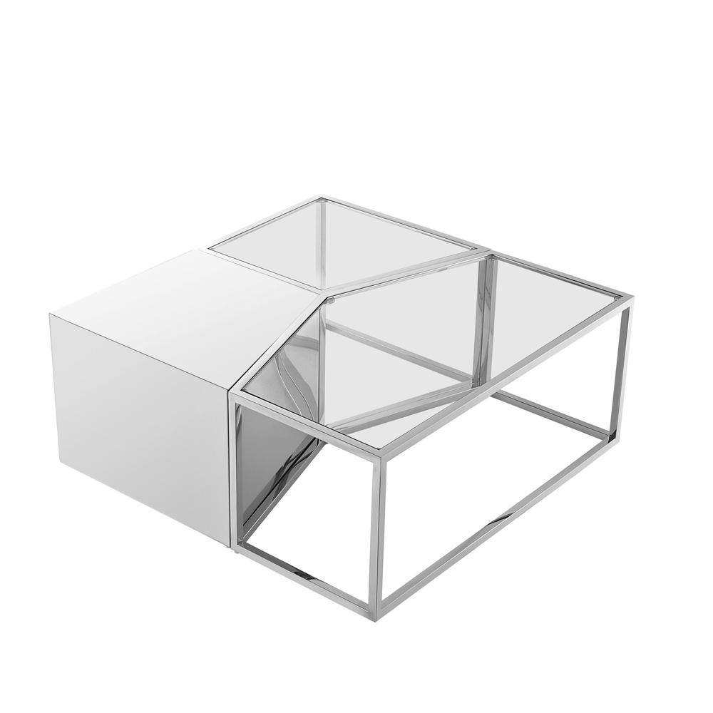 Clear, Silver Glass, Stainless Steel Mirrored Bunching Coffee Tables. Picture 1