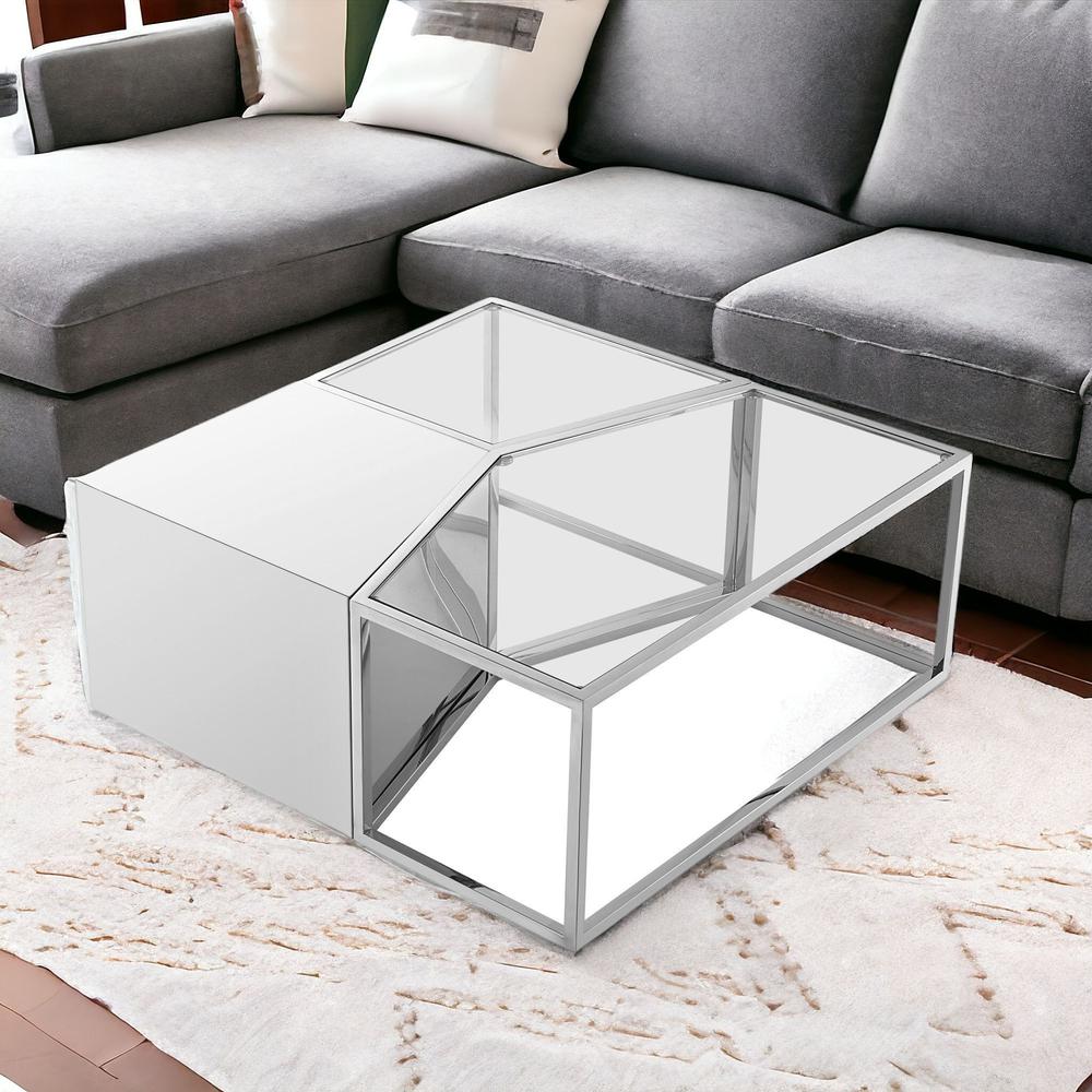 Clear, Silver Glass, Stainless Steel Mirrored Bunching Coffee Tables. Picture 2