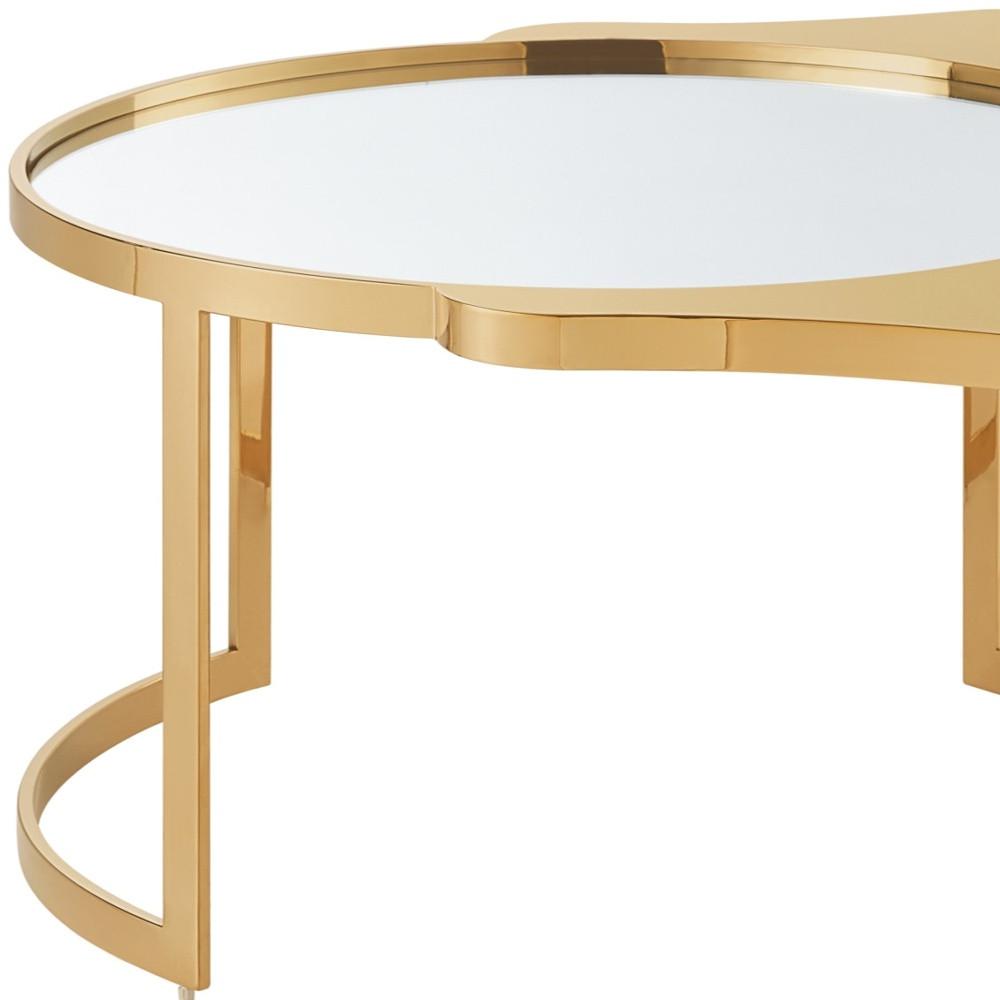 32" Gold Glass And Stainless Steel Round Mirrored Coffee Table. Picture 7