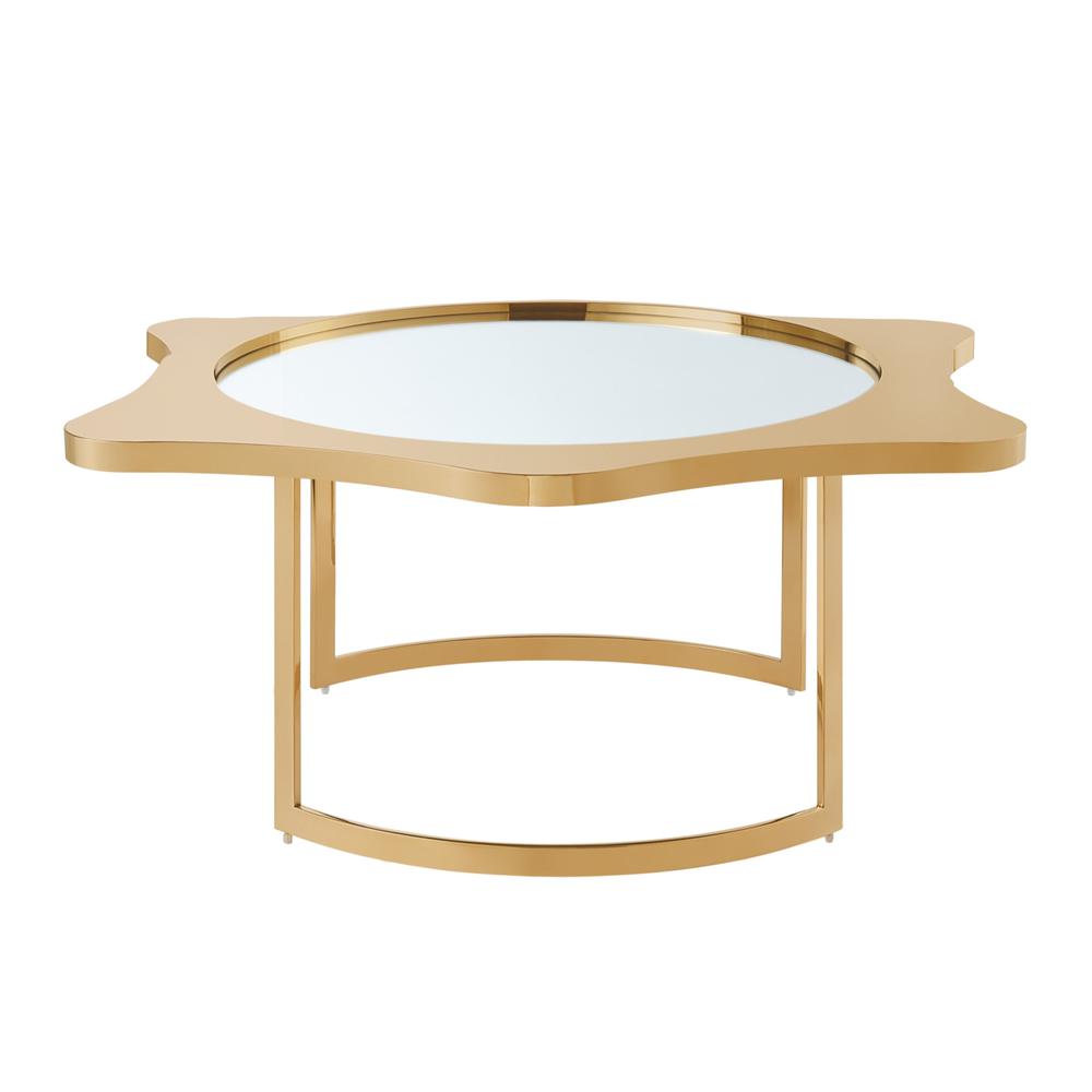 32" Gold Glass And Stainless Steel Round Mirrored Coffee Table. Picture 3