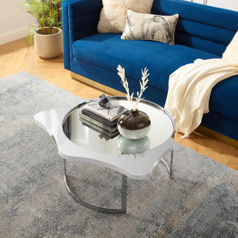 32" Silver Glass And Stainless Steel Round Mirrored Coffee Table. Picture 7