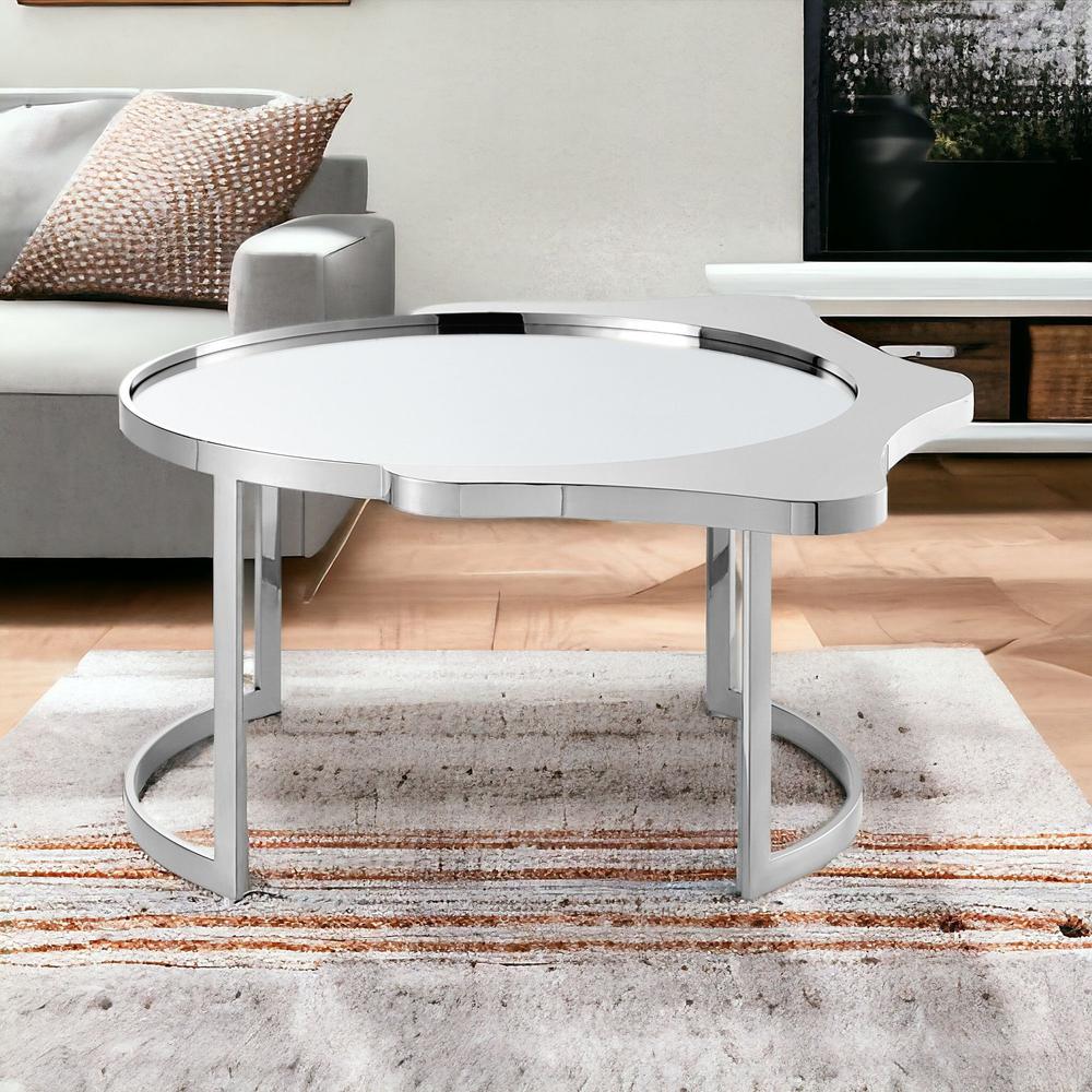 32" Silver Glass And Stainless Steel Round Mirrored Coffee Table. Picture 2