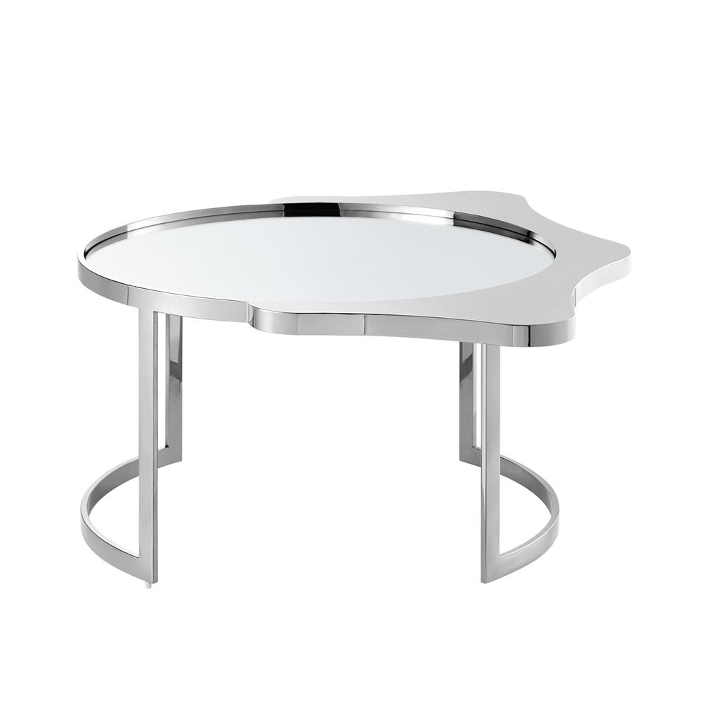 32" Silver Glass And Stainless Steel Round Mirrored Coffee Table. Picture 1