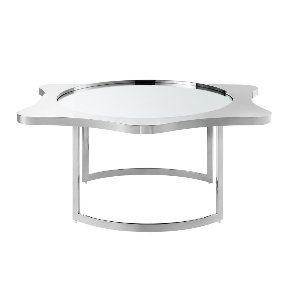 32" Silver Glass And Stainless Steel Round Mirrored Coffee Table. Picture 3