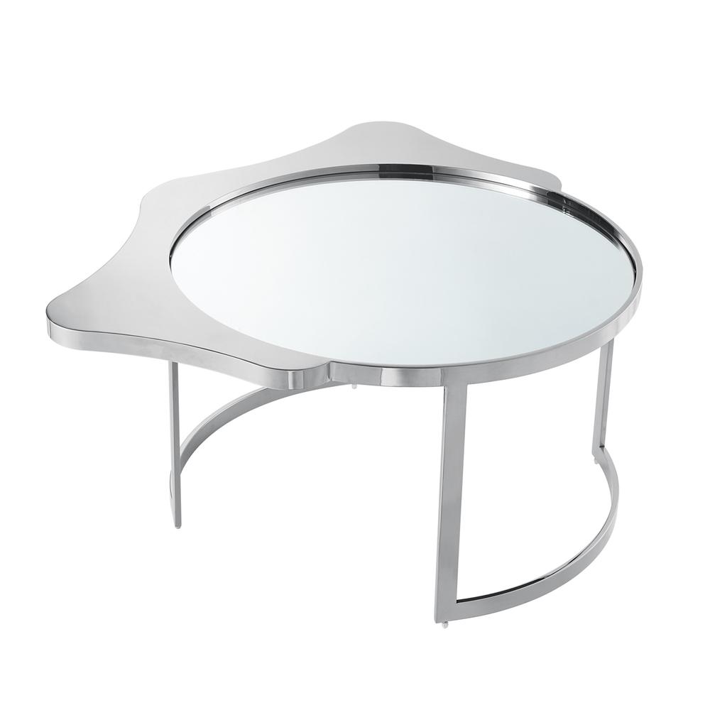 32" Silver Glass And Stainless Steel Round Mirrored Coffee Table. Picture 4