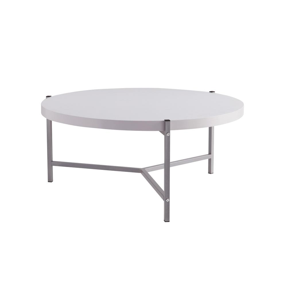 37" White And Silver Stainless Steel Round Coffee Table. Picture 1